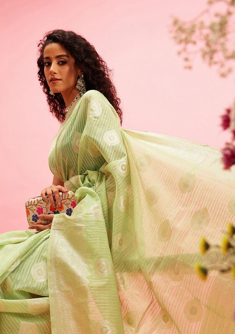 Green Woven Design Linen Saree