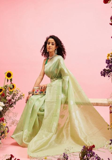 Green Woven Design Linen Saree