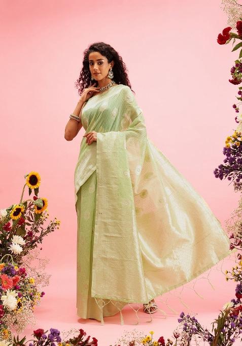 Green Woven Design Linen Saree