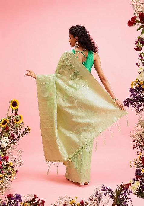 Green Woven Design Linen Saree