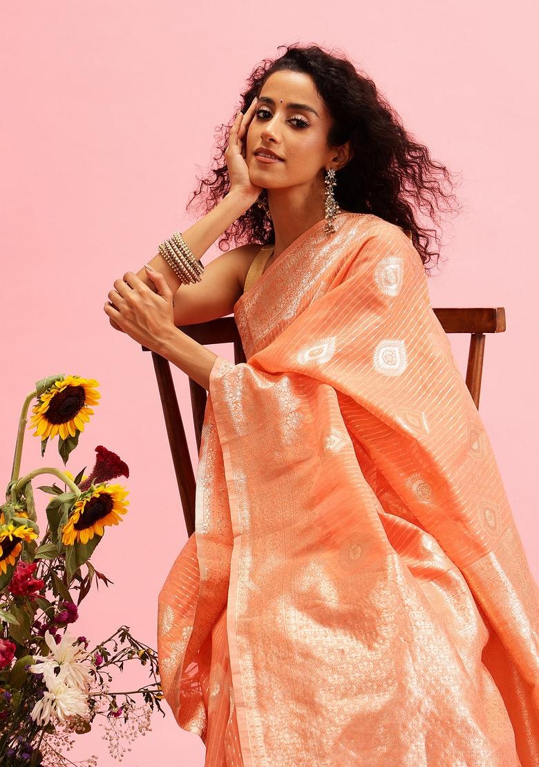 Peach Woven Design Linen Saree