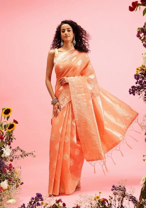 Peach Woven Design Linen Saree