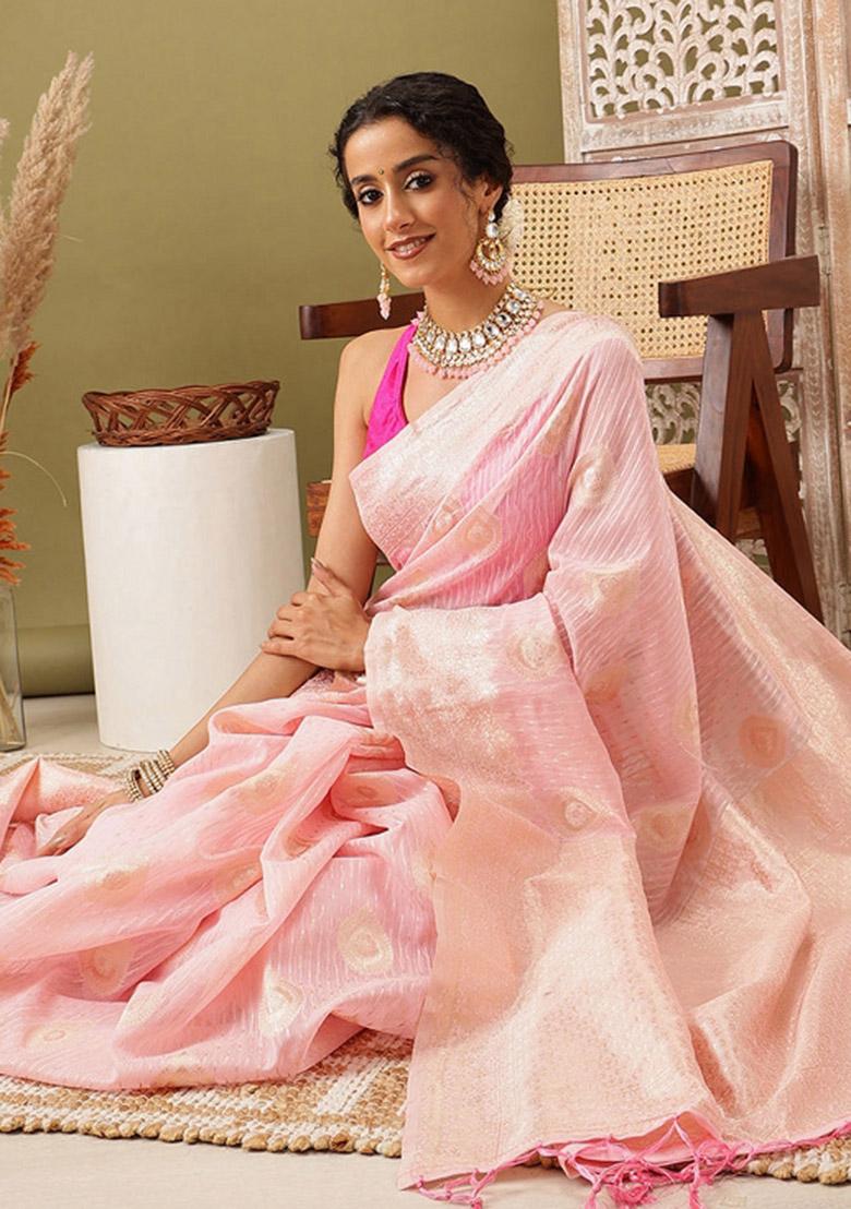 Light Pink Woven Design Linen Saree