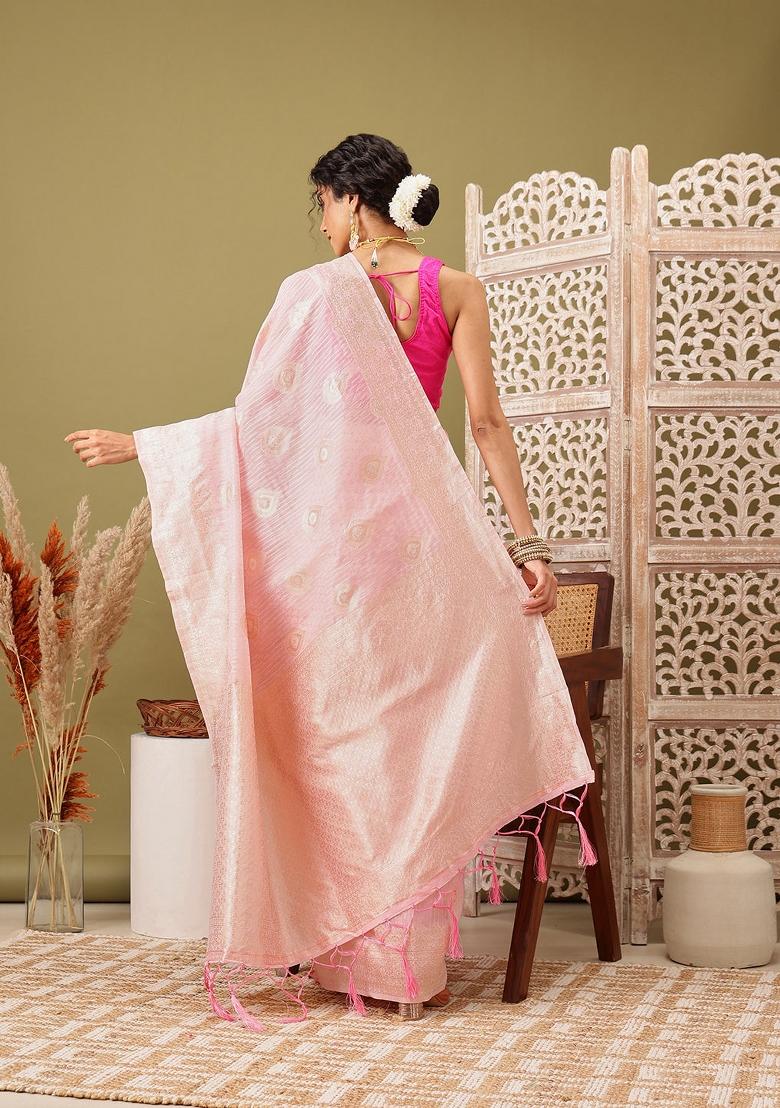 Light Pink Woven Design Linen Saree