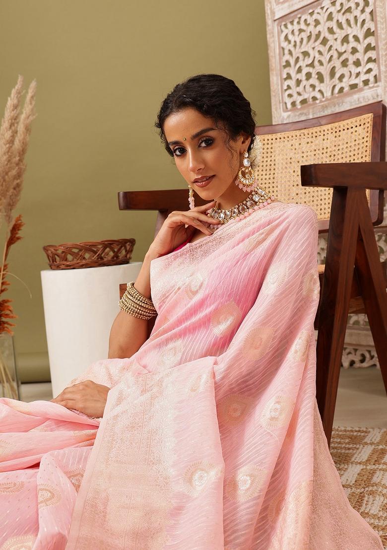 Light Pink Woven Design Linen Saree