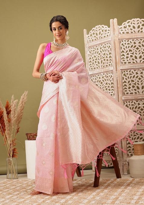 Light Pink Woven Design Linen Saree