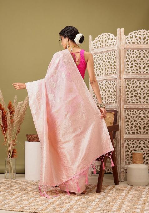 Light Pink Woven Design Linen Saree
