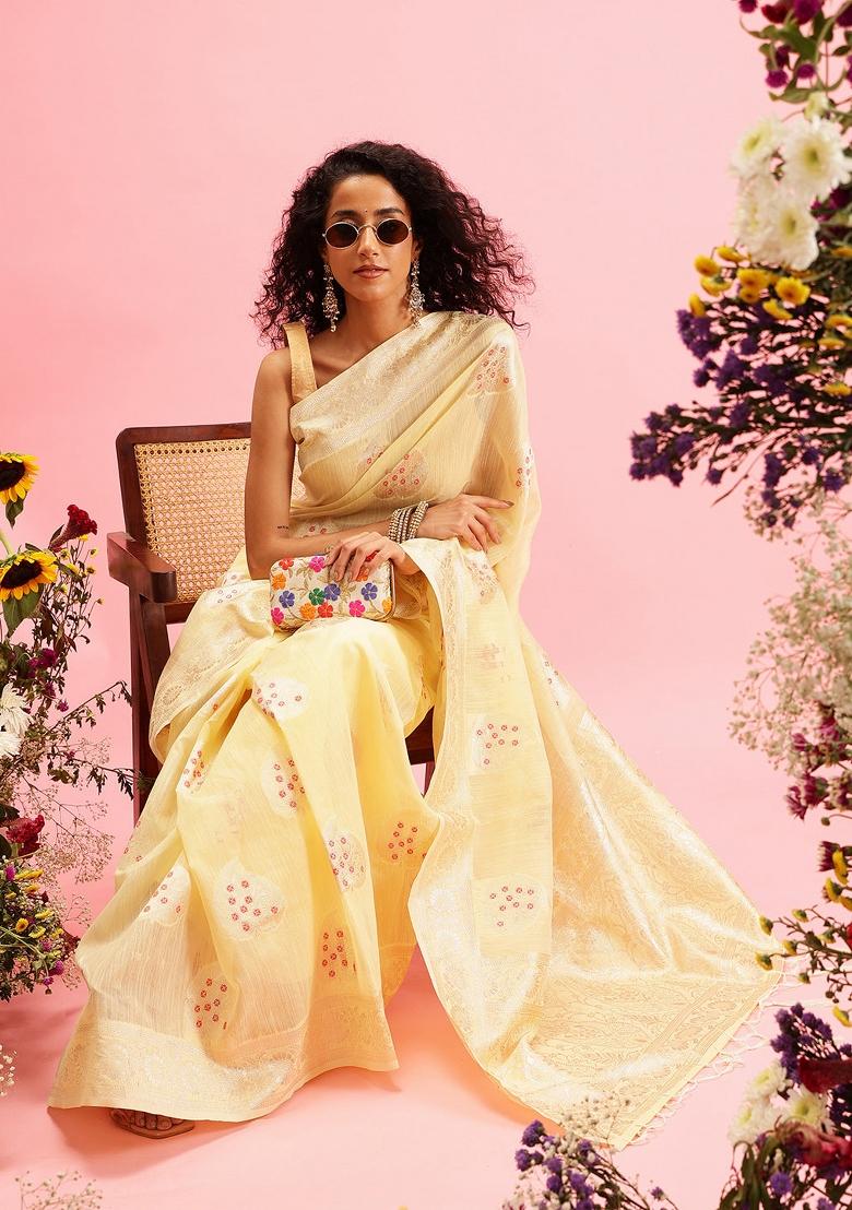 Yellow Woven Design Linen Saree