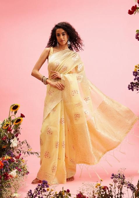 Yellow Woven Design Linen Saree