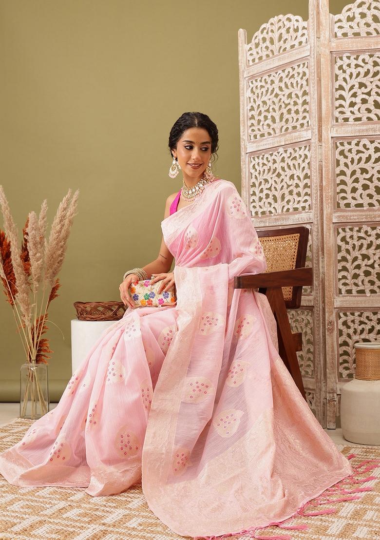 Light Pink Woven Design Linen Saree