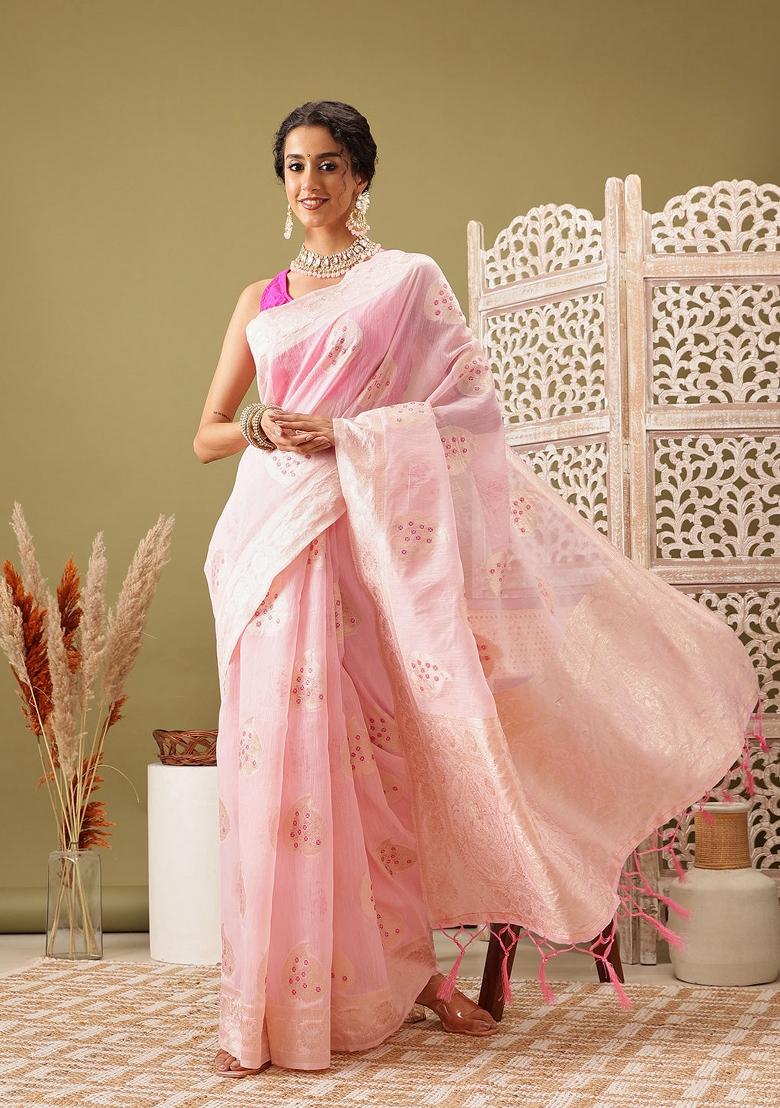 Light Pink Woven Design Linen Saree