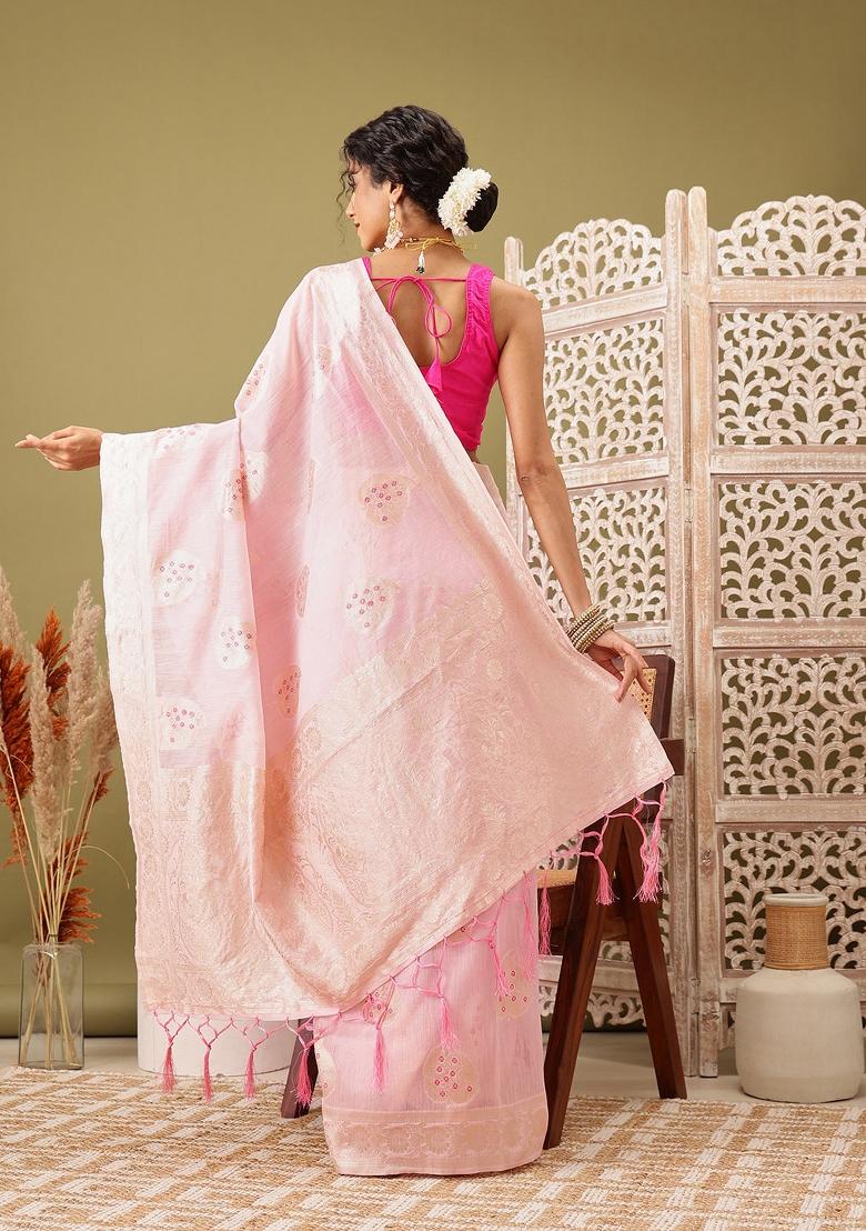 Light Pink Woven Design Linen Saree