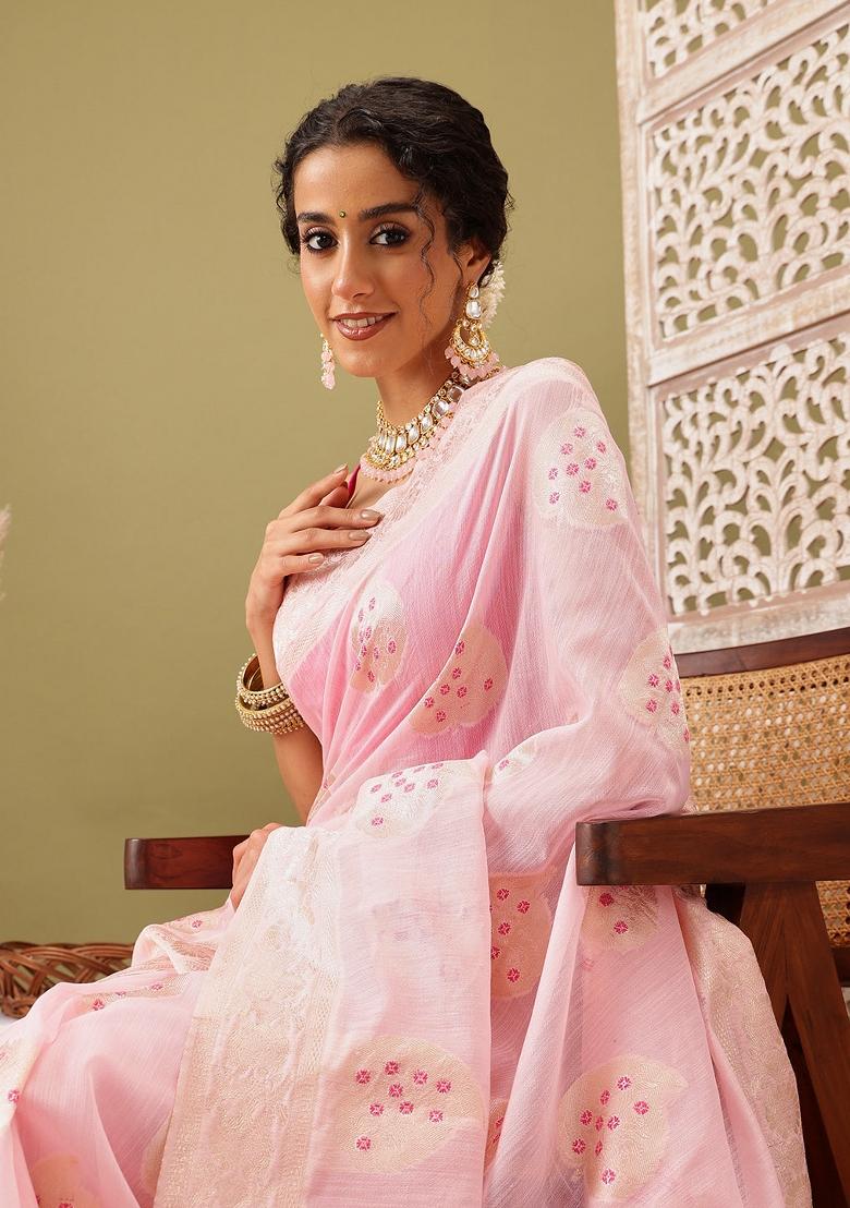 Light Pink Woven Design Linen Saree