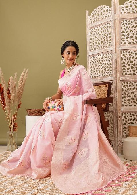 Light Pink Woven Design Linen Saree