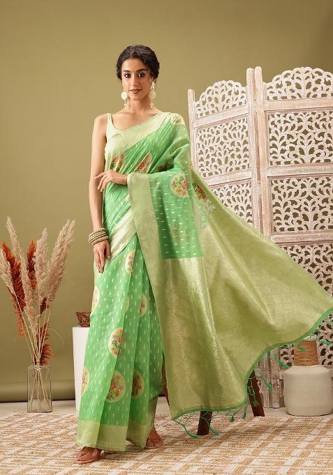 Green Woven Design Cotton Saree