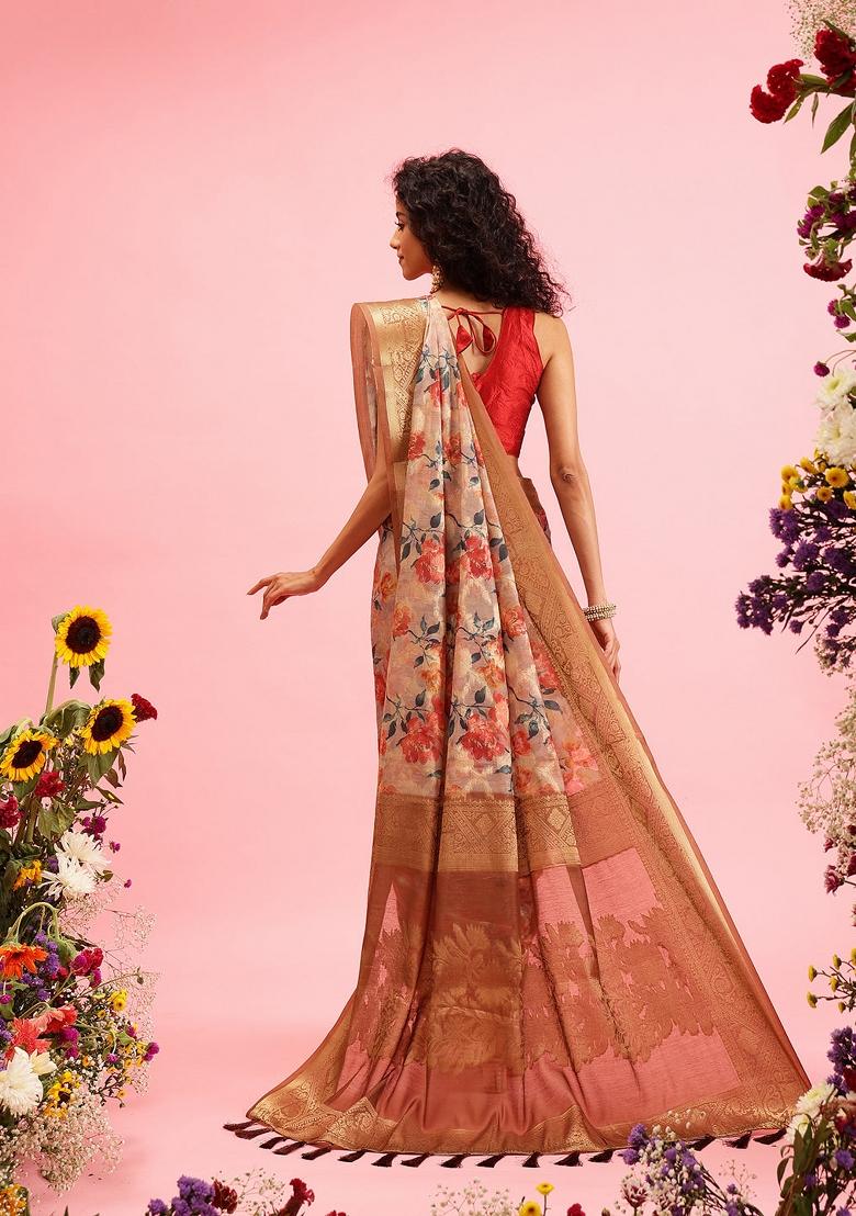 Beige Printed Cotton Saree