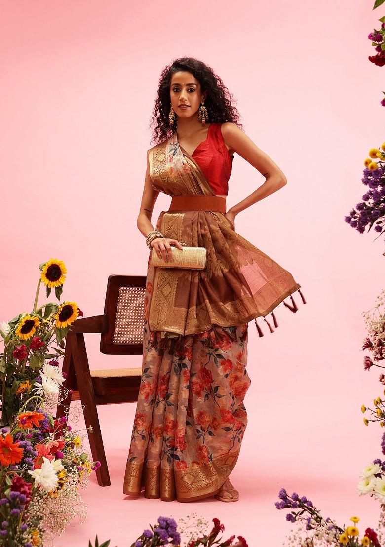 Beige Printed Cotton Saree