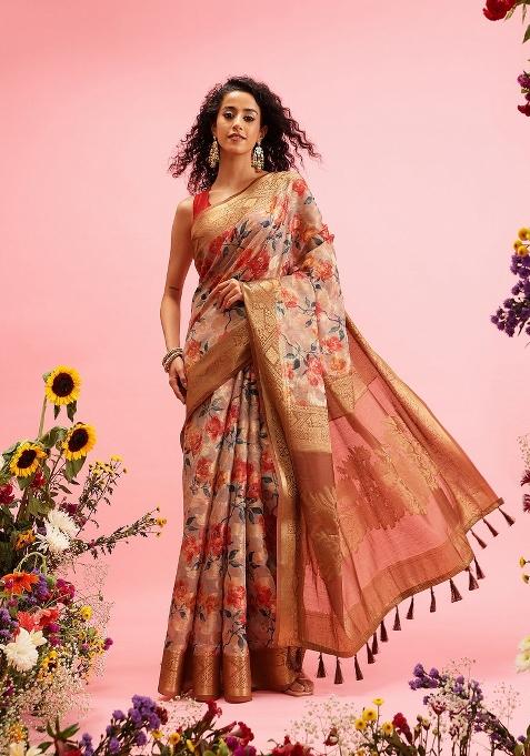 Beige Printed Cotton Saree