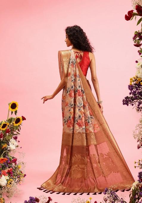 Beige Printed Cotton Saree