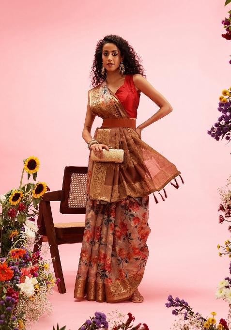 Beige Printed Cotton Saree