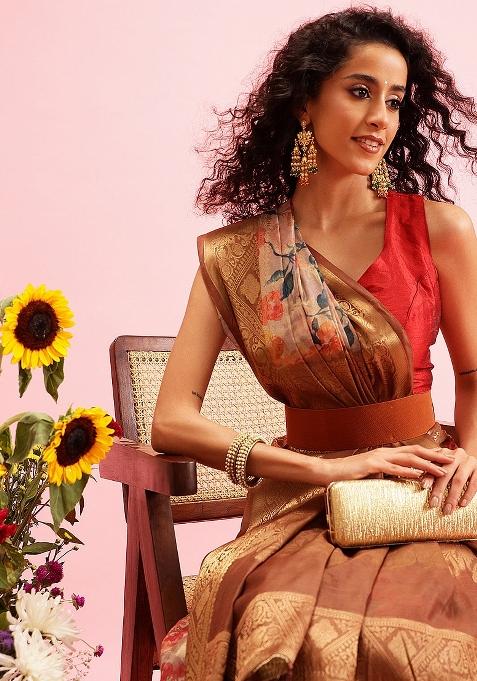 Beige Printed Cotton Saree