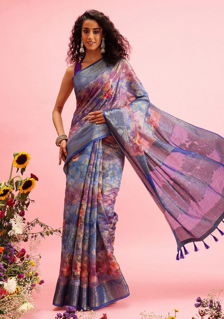 Blue Printed Cotton Saree