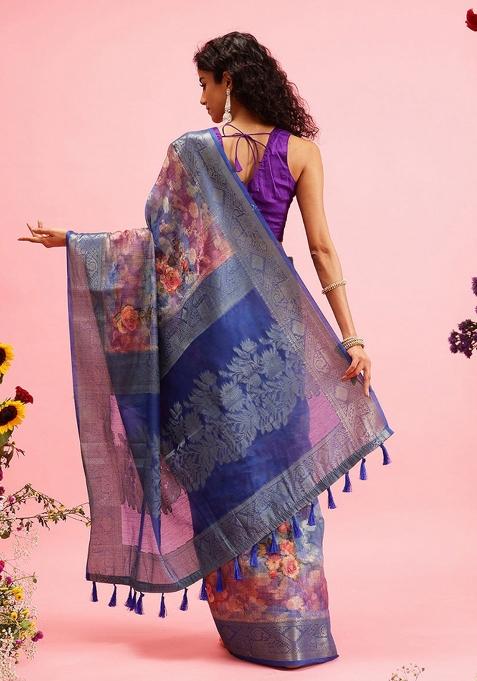 Blue Printed Cotton Saree