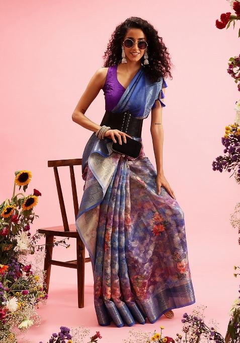 Blue Printed Cotton Saree