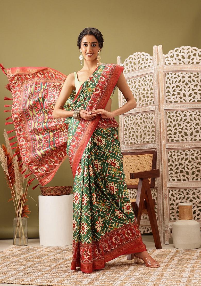 Green Printed Silk Blend Saree