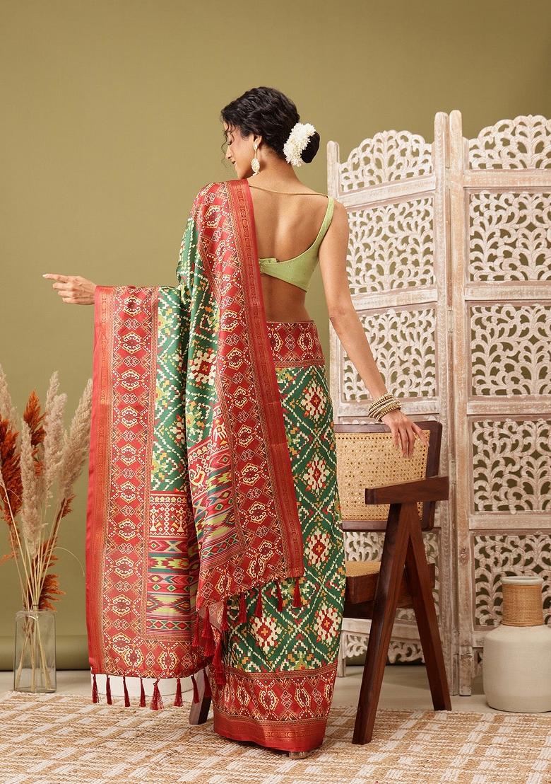 Green Printed Silk Blend Saree