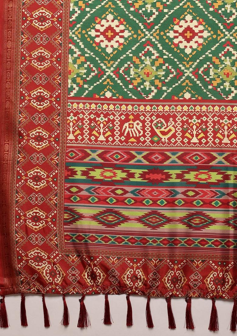 Green Printed Silk Blend Saree