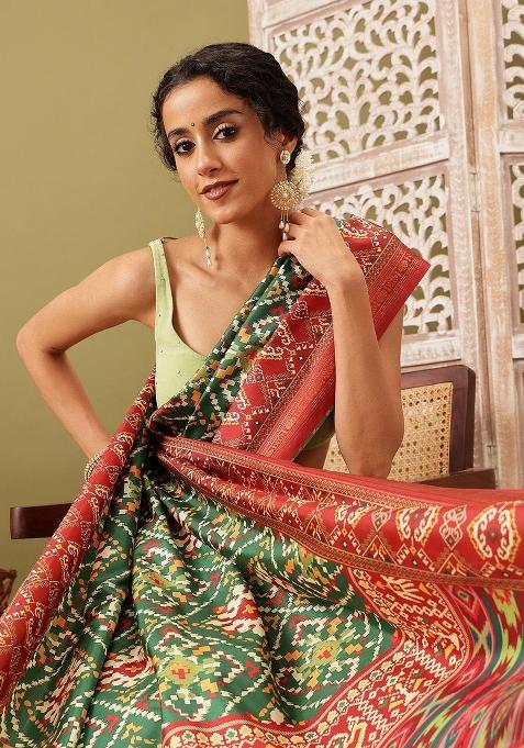 Green Printed Silk Blend Saree
