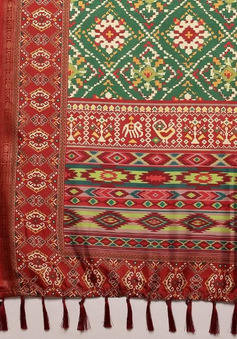 Green Printed Silk Blend Saree