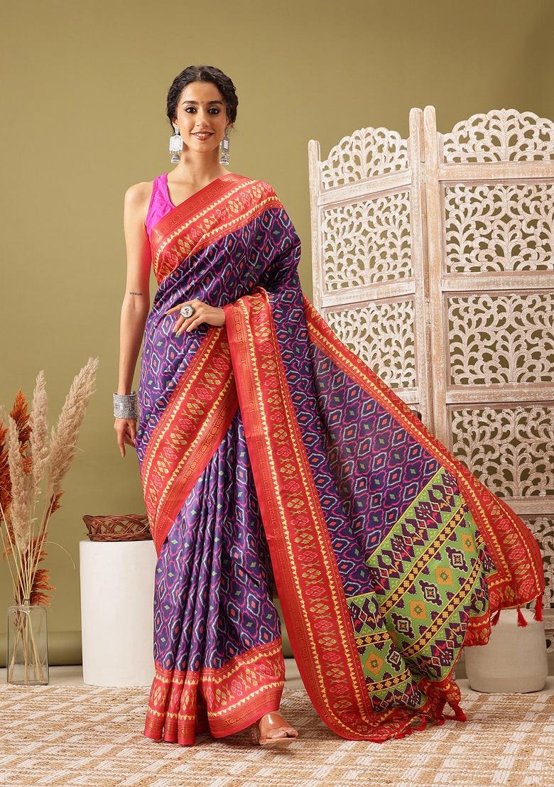 Royal Blue Printed Silk Blend Saree