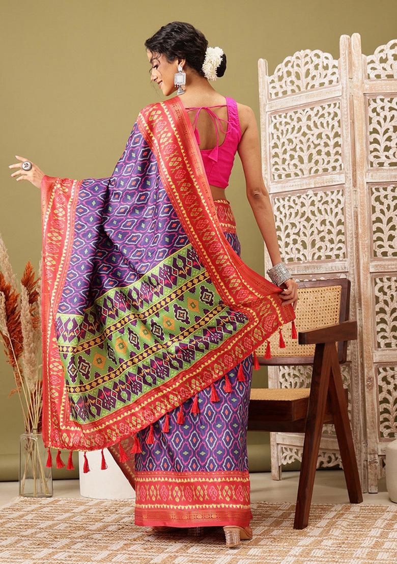 Royal Blue Printed Silk Blend Saree