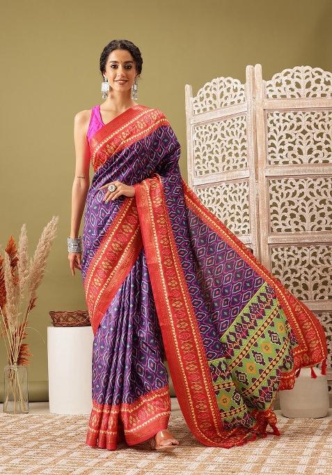 Royal Blue Printed Silk Blend Saree