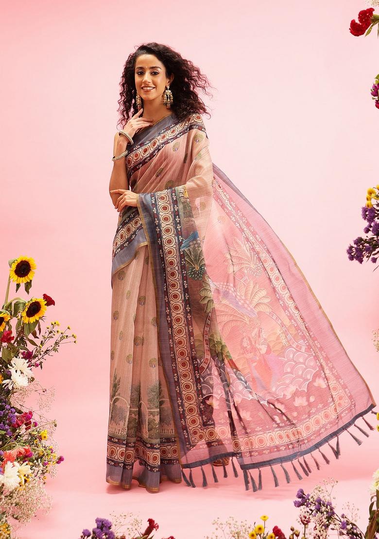 Beige Printed Cotton Blend Saree