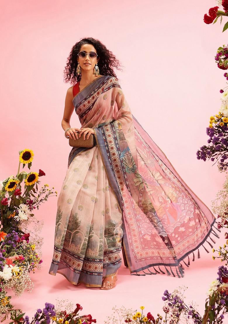Beige Printed Cotton Blend Saree