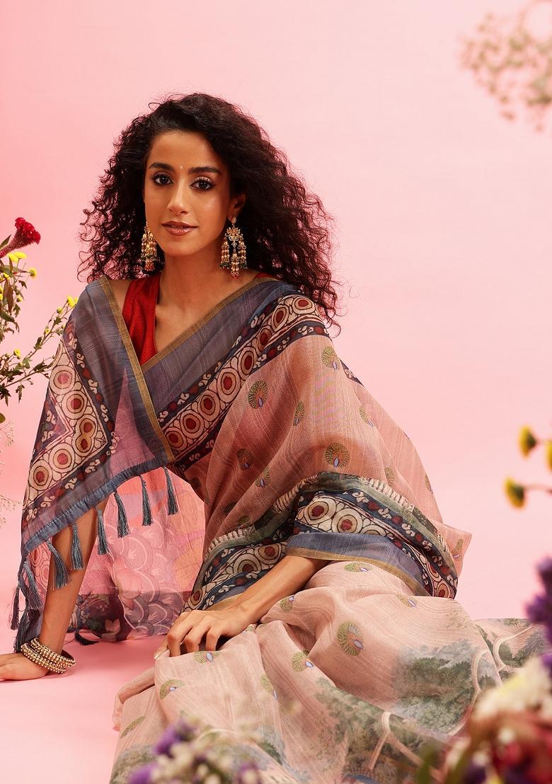 Beige Printed Cotton Blend Saree