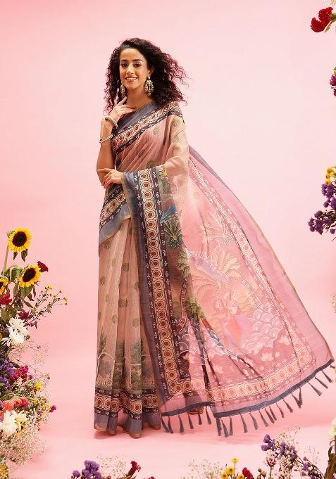Beige Printed Cotton Blend Saree