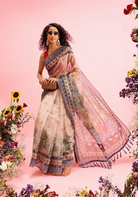 Beige Printed Cotton Blend Saree