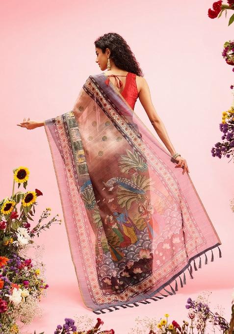 Beige Printed Cotton Blend Saree