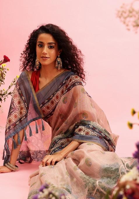 Beige Printed Cotton Blend Saree