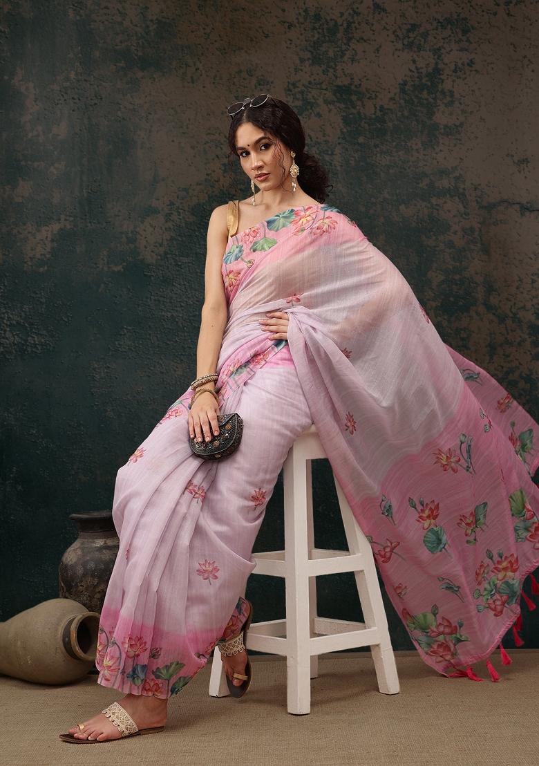 Light Pink Printed Cotton Blend Saree