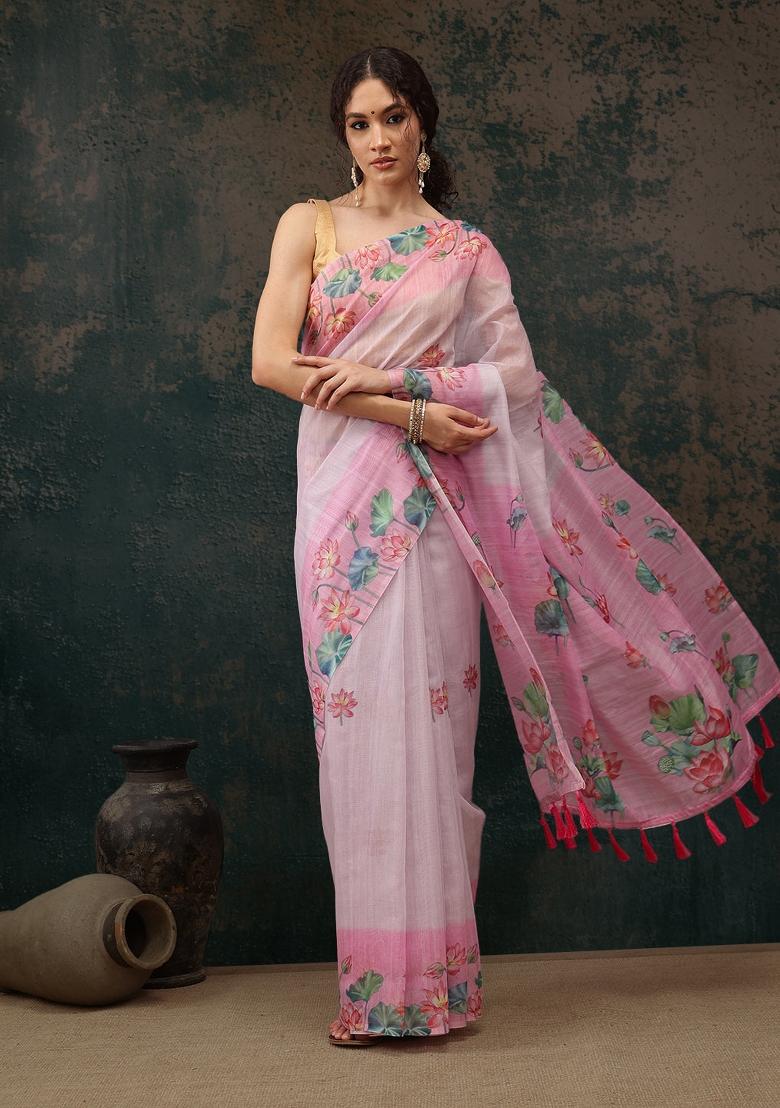 Light Pink Printed Cotton Blend Saree