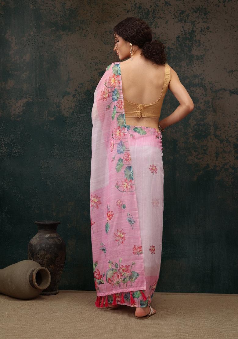 Light Pink Printed Cotton Blend Saree