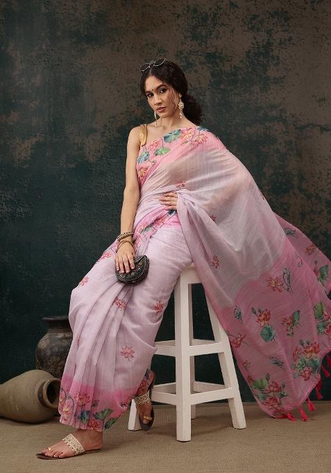 Light Pink Printed Cotton Blend Saree
