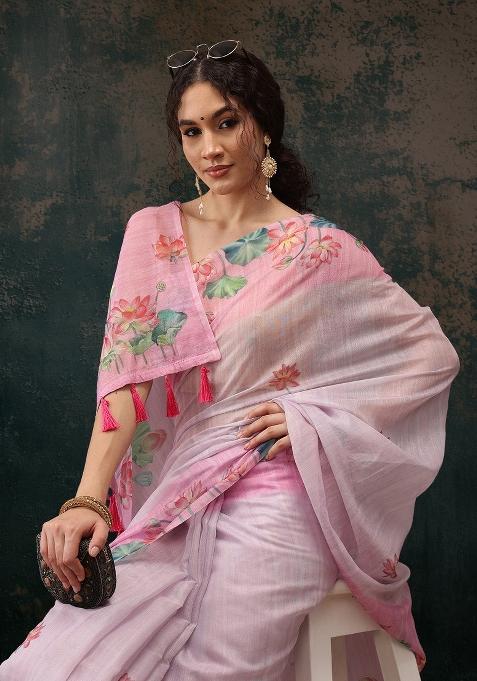Light Pink Printed Cotton Blend Saree