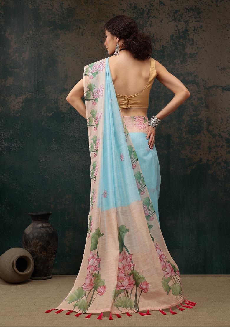 Blue Printed Cotton Blend Saree