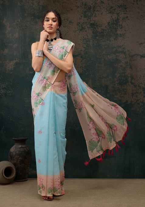 Blue Printed Cotton Blend Saree